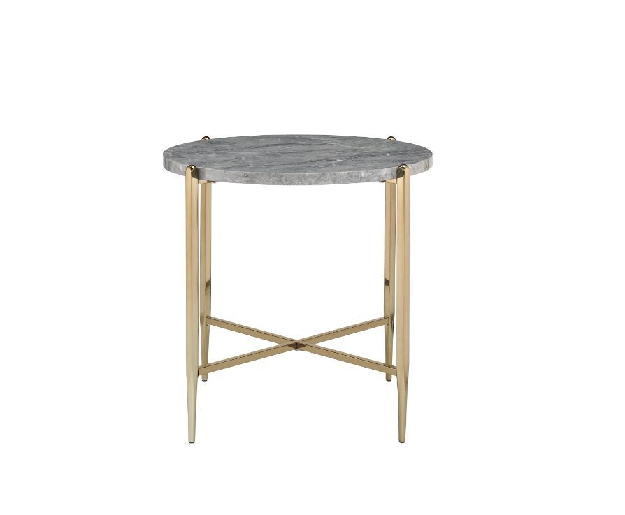 Sleek finish, sharp angles, and stylish designs were incorporated in this stunning modern piece. Shown in a champagne gold finish, the metal open base with X-shape support boasts a simple silhouette that exudes modern elegance. Round faux marble table top