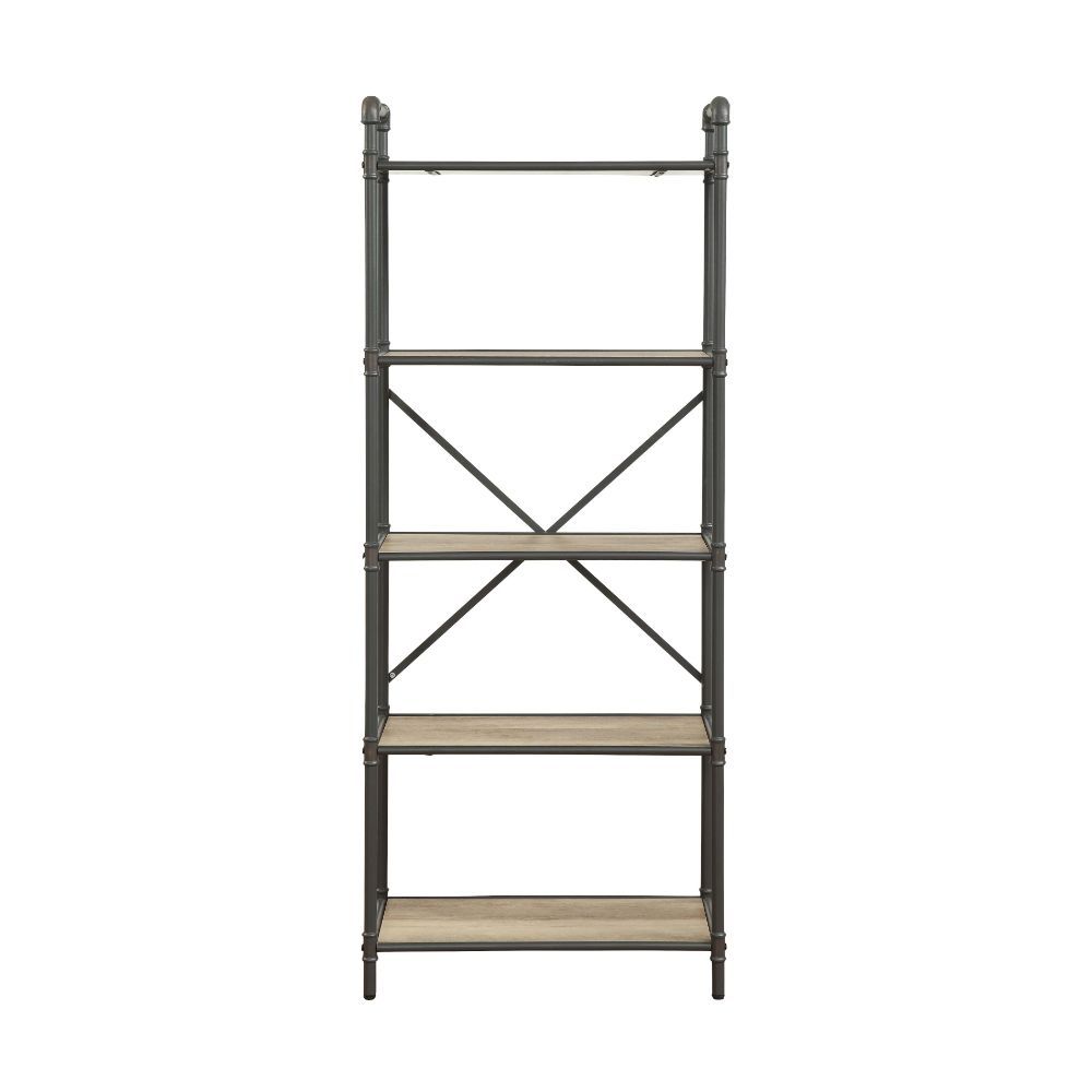If you-'re a fan of urban industrial design, it-'s easy to see why the Itzel bookcase is a bestseller. The sandy gray frame is sleek, sculptural and ultra modern. Beautified with an antique oak finish, five gallery shelves stack up to great form and funct