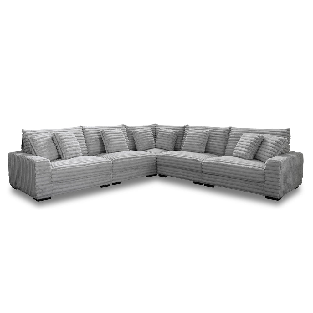 The Embrace 5-Piece Modular Sectional in gray is an epitome of comfort and style, designed to cater to your lounging needs. It includes a right arm facing chair, a left arm facing chair, two armless chairs, a wedge, and eight accent pillows, all crafted f