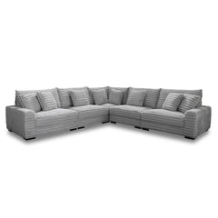 The Embrace 5-Piece Modular Sectional in gray is an epitome of comfort and style, designed to cater to your lounging needs. It includes a right arm facing chair, a left arm facing chair, two armless chairs, a wedge, and eight accent pillows, all crafted f