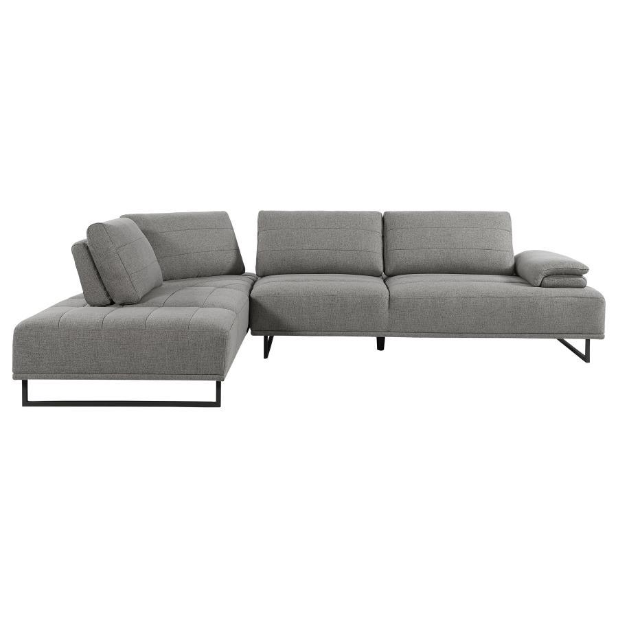 Add modern stylishness to your space with this magnificent contemporary sectional sofa. It is exceptionally upholstered in an elegant taupe woven fabric that-'s soft to the touch. The powder coated black base features U-frame legs for sturdiness. One end 