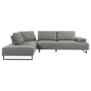 Add modern stylishness to your space with this magnificent contemporary sectional sofa. It is exceptionally upholstered in an elegant taupe woven fabric that-'s soft to the touch. The powder coated black base features U-frame legs for sturdiness. One end 