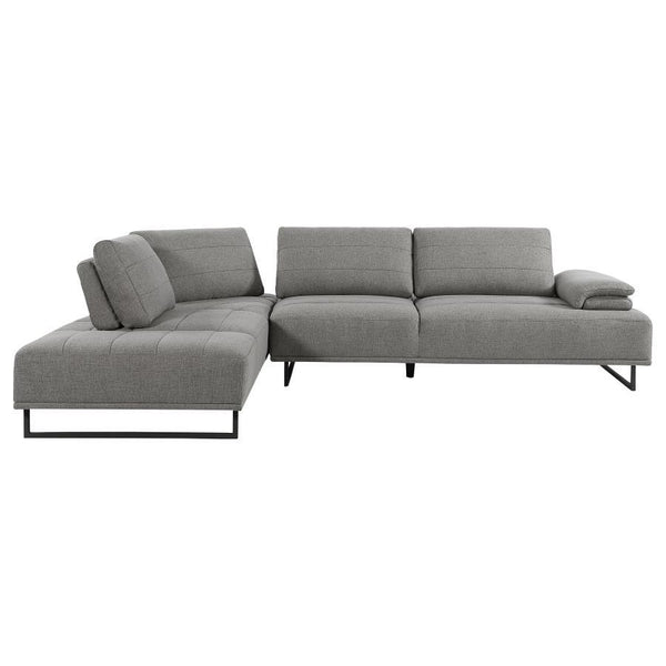 Add modern stylishness to your space with this magnificent contemporary sectional sofa. It is exceptionally upholstered in an elegant taupe woven fabric that-'s soft to the touch. The powder coated black base features U-frame legs for sturdiness. One end 