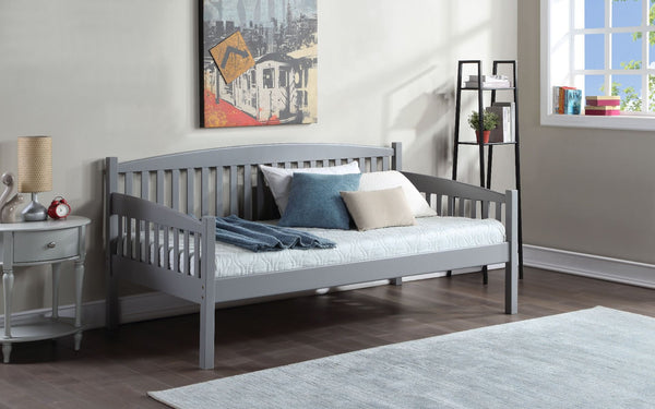The Caryn daybed transitional collection is a great option for your guest room. Its multifunctional use offers comfortable lounging and cozy sleeping areas. Features slightly curved back, and side arms supported by slatted panels with square poster legs. 
