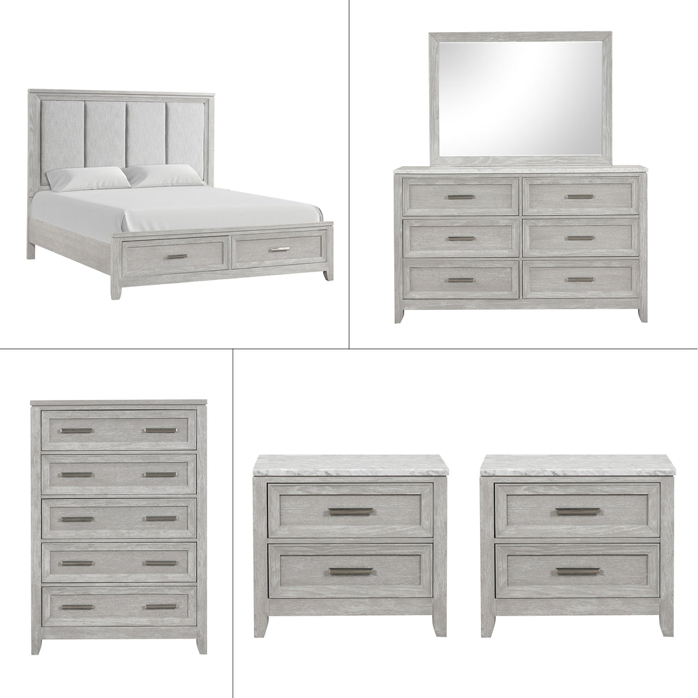 Discover the Fiona 6 Piece Bedroom Set, a collection that promises both style and functionality for your sanctuary. This suite features a storage bed with a plush upholstered headboard, designed for ultimate comfort and convenience. The suite is complemen