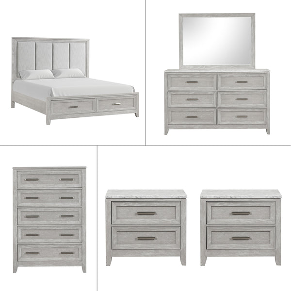 Discover the Fiona 6 Piece Bedroom Set, a collection that promises both style and functionality for your sanctuary. This suite features a storage bed with a plush upholstered headboard, designed for ultimate comfort and convenience. The suite is complemen