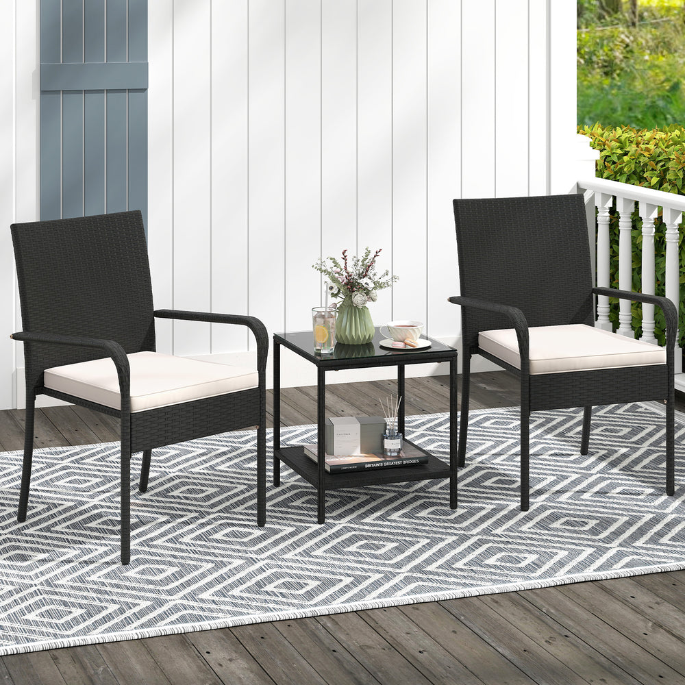 Crafted from appealing and long-lasting PE rattan<br>Comfortable to sit with ergonomic backrest and armrests<br>Soft seat cushions bring more coziness<br>Zippered cushion covers for simple maintenance<br>Side table with 2-tier design for more storage spac