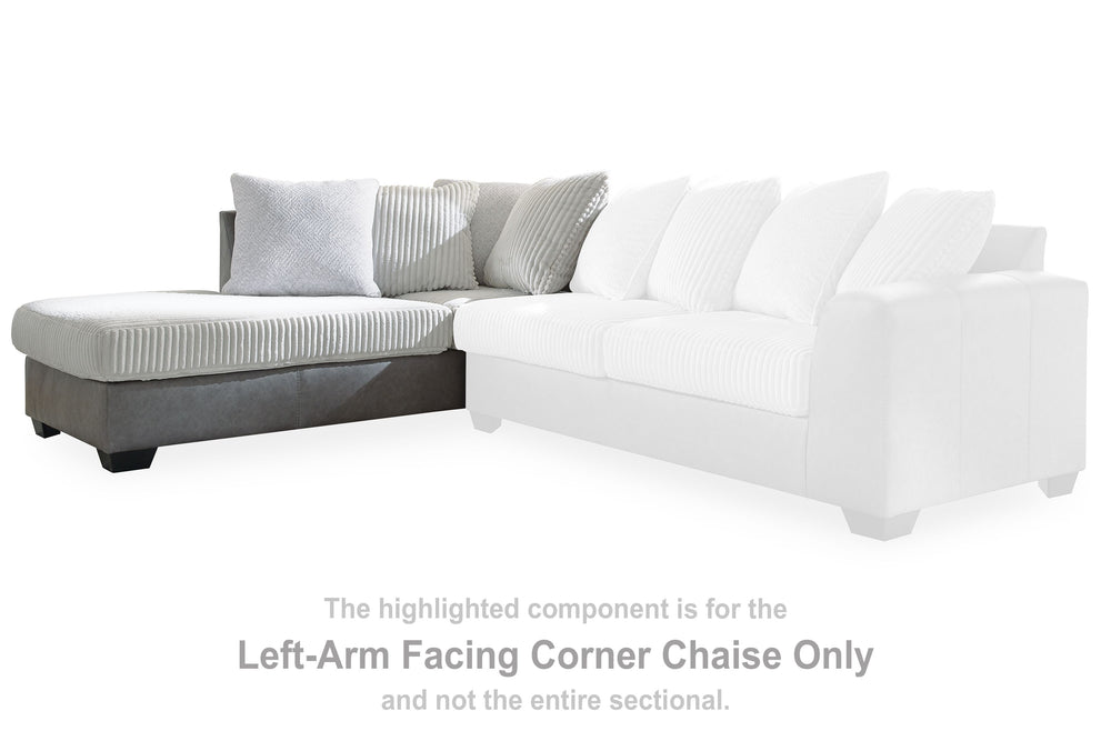 This left-arm facing corner chaise is made with polyester and faux leather upholstery. Pairs with other items in the series to make a sectional.<br><br><b>Additional Dimensions</b><br><ul><li>Seat depth: 74-"</li><li>Seat height: 20-"</li><li>Top of cushi