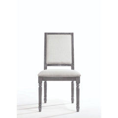 KD, Armless Chair (High Backrest) Stationary Seat: Standard Dining Height Backrest: Rectangular Wood Trim Padded Seat & Back: Cream Linen Cushion Construction Seat: Wooden Seat Apron, Box Seat, Welt Trim, Foam 2-" CAFR Wooden Turned Legs & Side Round Cros