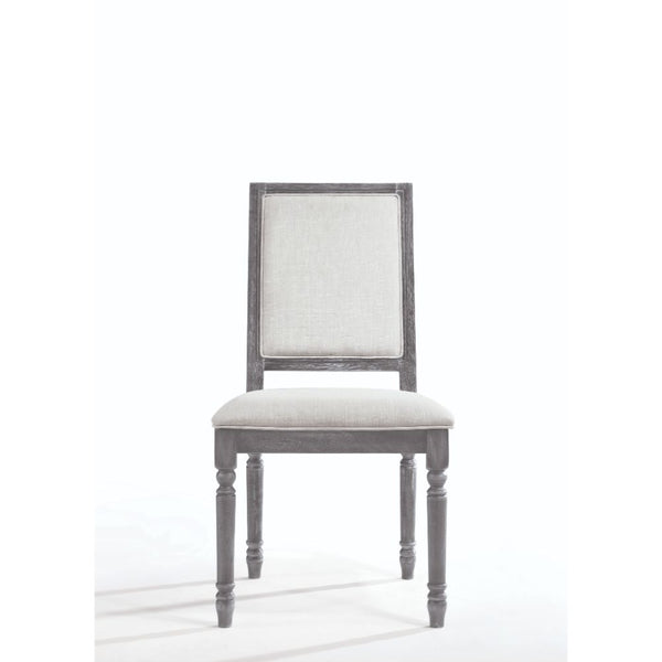 KD, Armless Chair (High Backrest) Stationary Seat: Standard Dining Height Backrest: Rectangular Wood Trim Padded Seat & Back: Cream Linen Cushion Construction Seat: Wooden Seat Apron, Box Seat, Welt Trim, Foam 2-" CAFR Wooden Turned Legs & Side Round Cros
