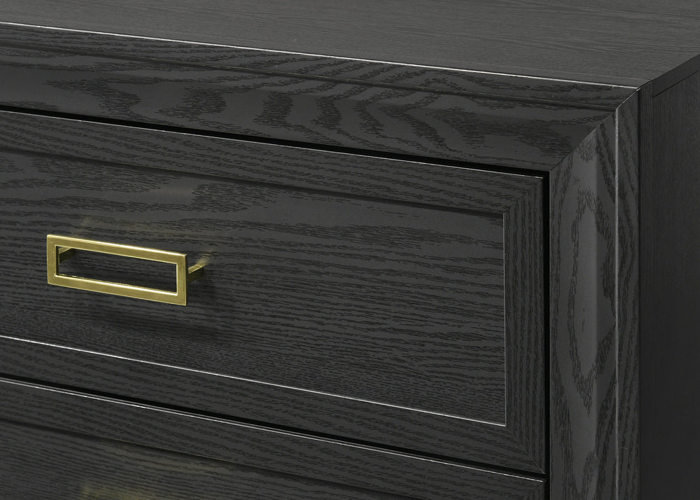 This bedroom collection offers a sophisticated palette of black and gold, presenting a refined look that-'s both modern and timeless. The bed anchors the set with its plush, button-tufted headboard framed by a bold, gold accent trim, creating a luxurious 
