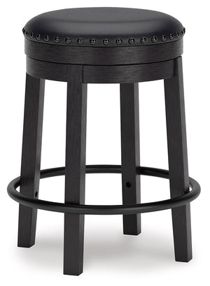 A touch of rustic-industrial style is such a fashion-forward choice, and this counter height bar stool doesnâ€™t disappoint. Its smooth swivel motion adds function, while the nailhead trim brings effortless style. Black faux leather upholstery keeps thing