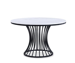 This dining set is a sophisticated blend of contemporary design and artistic flair, ideal for modern homes seeking a touch of elegance. The set features a sleek, round table with a faux marble top that is both beautiful and easy to care for. The table-'s 
