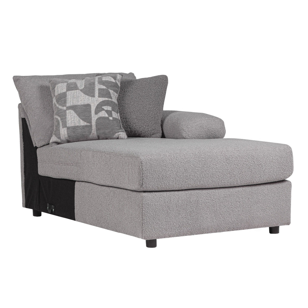 Introducing the Remi Right Arm Facing Chaise Lounge, a transitional marvel designed for those seeking comfort and style. This spacious lounger, boasting a roomy seat for three, is the perfect addition to your living space. Crafted in the USA, its solid an