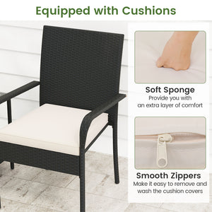 Crafted from appealing and long-lasting PE rattan<br>Comfortable to sit with ergonomic backrest and armrests<br>Soft seat cushions bring more coziness<br>Zippered cushion covers for simple maintenance<br>Side table with 2-tier design for more storage spac