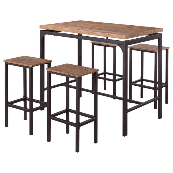  this five-piece bar set offers instant elevation to any small space. Smooth metal legs feature a dark hue and clean lines. Resting on top of the open base are smooth seats and a top in weathered chestnut. Create elevated dimension with the