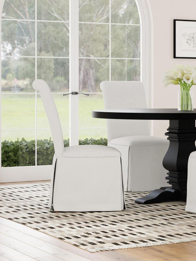 Put a stylish, somewhat formal spin on your dining room decor with a set of two classic parson chairs. Each features a tall back with an armless profile for impeccable comfort and elegance. The chair features plush foam padding, complete with neutral upho