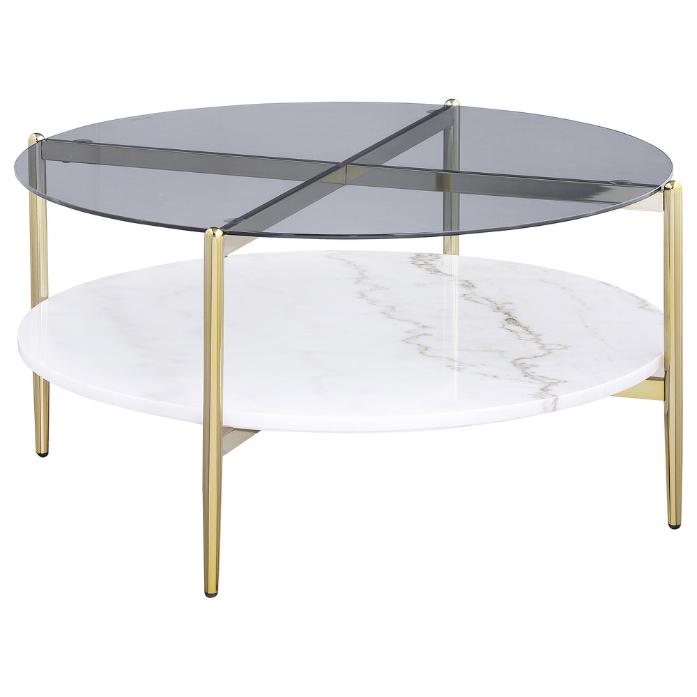 A luscious look, this modern coffee table creates a glamorous aura with its sleek glass and white marble elements. The round smoked tempered glass top rests upon a gleaming white marble shelf, bringing sophistication to any living room. The gold electropl