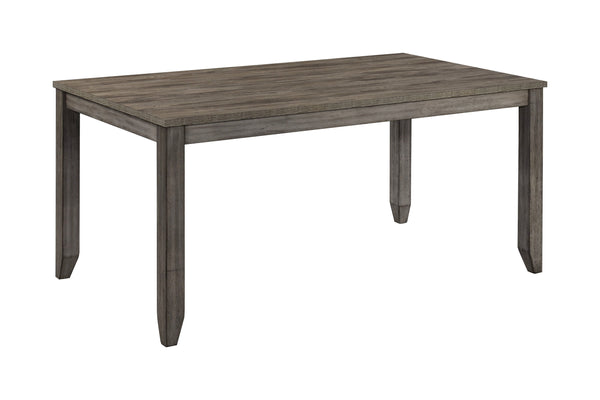 This dining group exudes contemporary elegance and rustic charm, making it a versatile addition to any dining space. The set features a robust rectangular table, finished in a sleek gray wash that highlights the natural wood grain, providing a warm and in