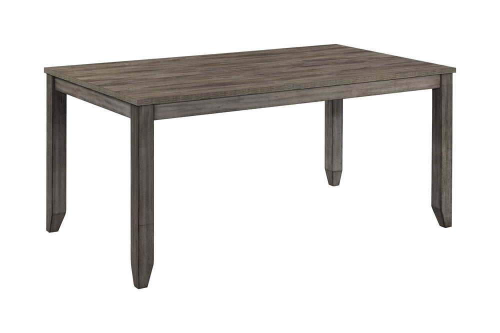 This dining group exudes contemporary elegance and rustic charm, making it a versatile addition to any dining space. The set features a robust rectangular table, finished in a sleek gray wash that highlights the natural wood grain, providing a warm and in