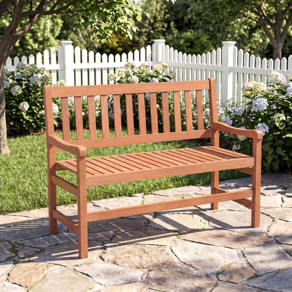 Solid wood frame for long-lasting and dependable support<br>Teak oil finish ensures extended outdoor use<br>Wide 41.5-inch seat comfortably fits 2 adults<br>Supports up to 550 lbs for reliable seating<br>Inclined backrest and curved armrests encourage a m