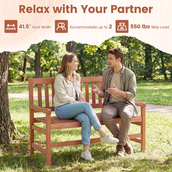 Solid wood frame for long-lasting and dependable support<br>Teak oil finish ensures extended outdoor use<br>Wide 41.5-inch seat comfortably fits 2 adults<br>Supports up to 550 lbs for reliable seating<br>Inclined backrest and curved armrests encourage a m