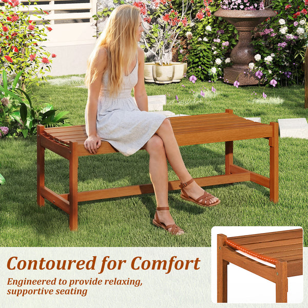 Solid hardwood construction ensures long-lasting outdoor use<br>Teak oil finish provides enhanced protection<br>44-inch wide seat comfortably accommodates 2 adults<br>Curved seat design offers ergonomic comfort and support<br>Breathable slatted seat promo