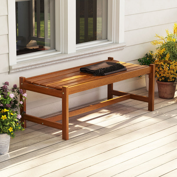 Solid hardwood construction ensures long-lasting outdoor use<br>Teak oil finish provides enhanced protection<br>44-inch wide seat comfortably accommodates 2 adults<br>Curved seat design offers ergonomic comfort and support<br>Breathable slatted seat promo