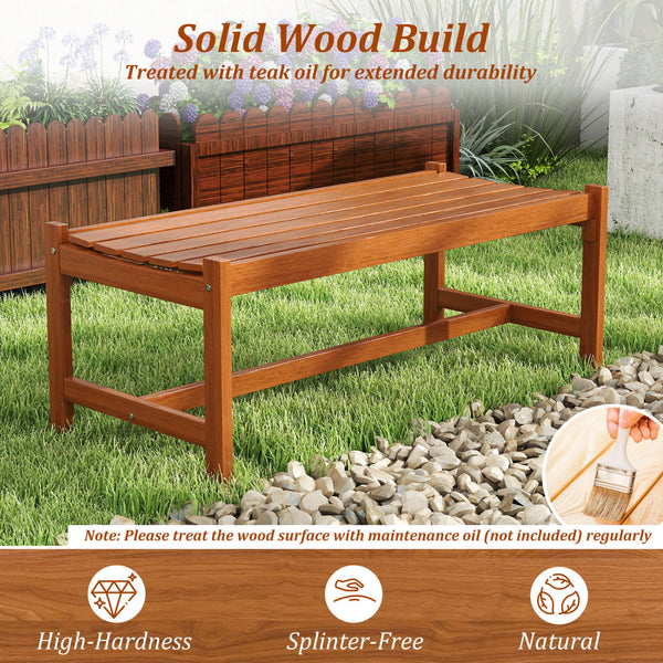 Solid hardwood construction ensures long-lasting outdoor use<br>Teak oil finish provides enhanced protection<br>44-inch wide seat comfortably accommodates 2 adults<br>Curved seat design offers ergonomic comfort and support<br>Breathable slatted seat promo