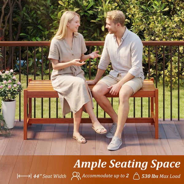 Solid hardwood construction ensures long-lasting outdoor use<br>Teak oil finish provides enhanced protection<br>44-inch wide seat comfortably accommodates 2 adults<br>Curved seat design offers ergonomic comfort and support<br>Breathable slatted seat promo