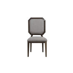 KD, Armless Chair (High Backrest) â€¢ Stationary Seat: Standard Dining Height â€¢ Padded SEAT & BACK: Gray Fabric Cushion with Welt Trim â€¢ SQUARE Backrest: Clipped Corners â€¢ Wooden Back Trim & Apron Seat â€¢ Wooden Tapered Legs<br/><br/><b>Product Fea