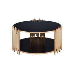 Add a fashion-forward touch of geometry to your living room with the asymmetrical metal tubing detail of the Tanquin black mirror coffee table. This contemporary piece sits on a circular metal drum base with a gold finish and lower shelf. Some Assembly Re