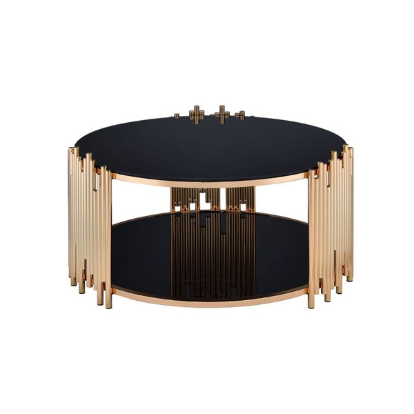 Add a fashion-forward touch of geometry to your living room with the asymmetrical metal tubing detail of the Tanquin black mirror coffee table. This contemporary piece sits on a circular metal drum base with a gold finish and lower shelf. Some Assembly Re