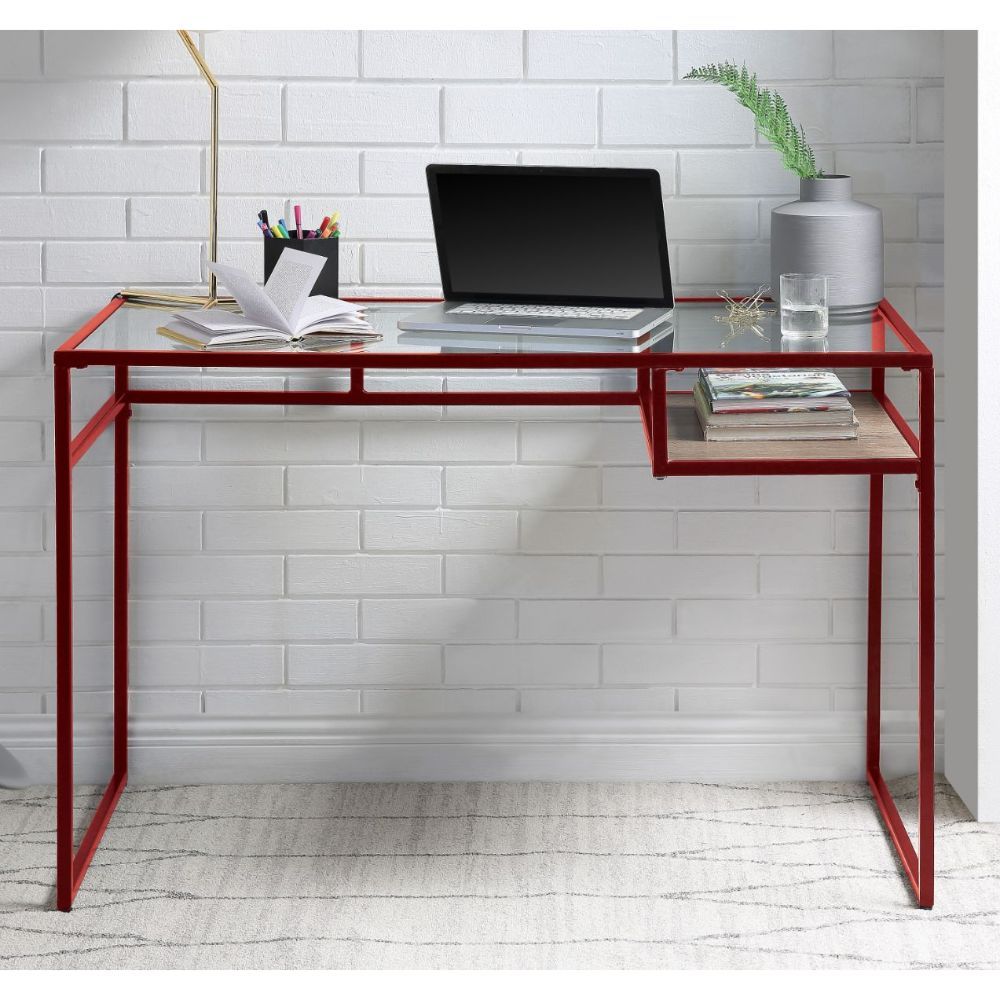 KD, Rectangular Writing Desk () â€¢ Storage: Open Compartment (Wooden Shelf, Fixed) â€¢ Glass Top (Back Open) â€¢ Metal Sled Base (Back Open) â€¢â€¢ CONSTRUCTION â€¢â€¢ Glass Top: 5mm Clear â€¢ Metal Frame: Metal Tube (Steel), 1mm â€¢ [Not Included: Cord 