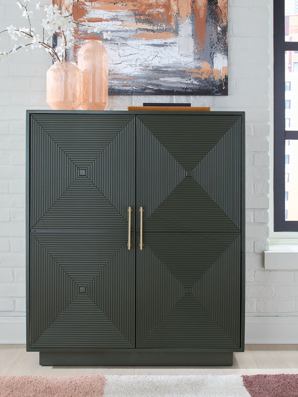  while the dark green finish and sleek goldtone handles add a touch of modern elegance. Adjustable shelves add everyday functionality 