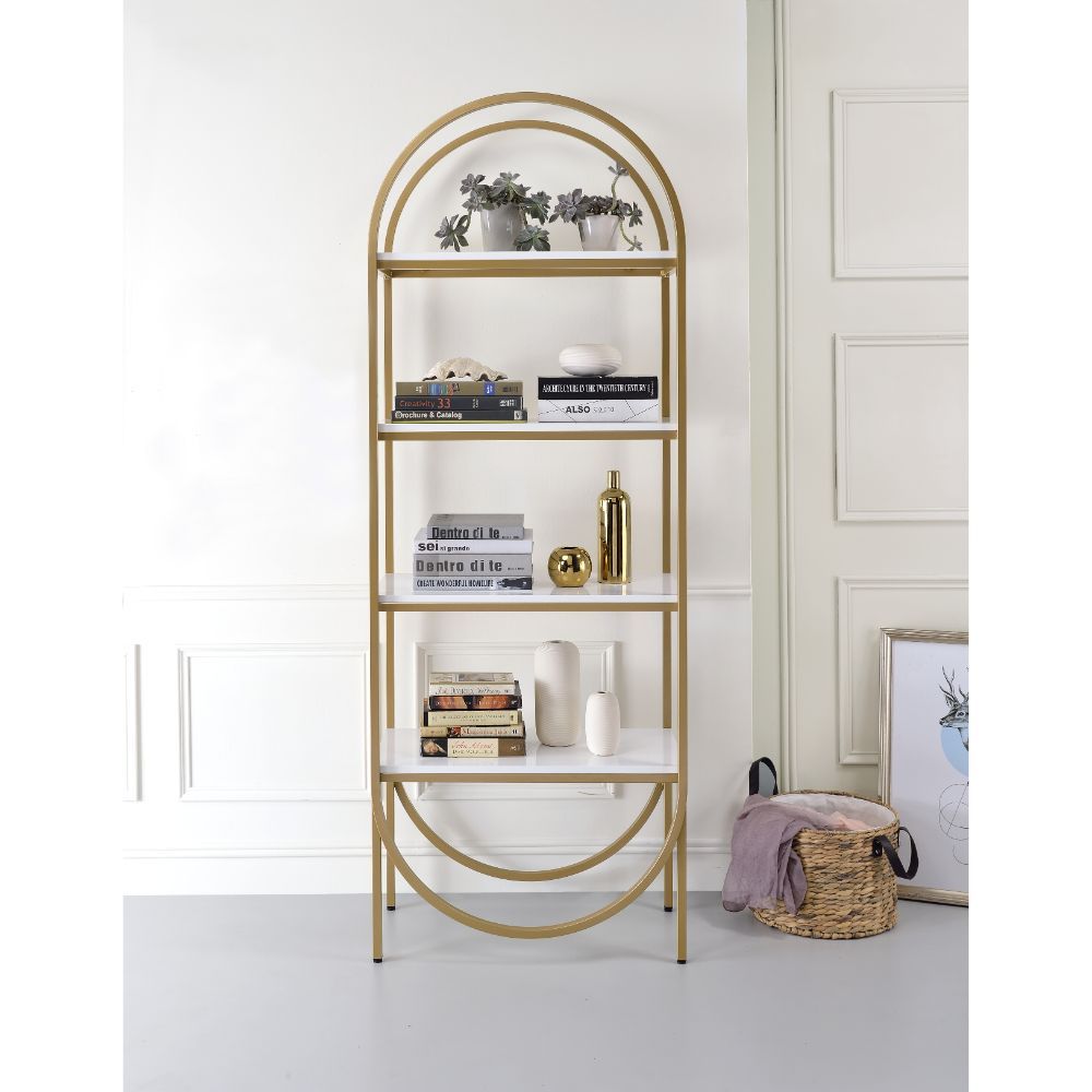 KD, Rectangular Bookshelf (Etagere Style) Storage: 4 Open Compartment (5 Wooden Shelves, Fixed) Orientation: Freestanding (Wall Tall) Wooden Shelves: White High Gloss Metal Frame: Champagne Finish (Back Open) CONSTRUCTION] Wooden Shelves: High Gloss, 18mm