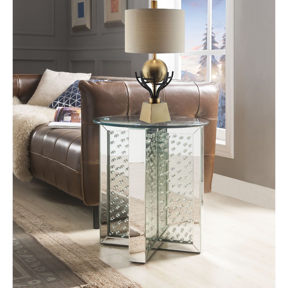Assambled, Round End Table â€¢ NO Storage â€¢ Glass Top & Mirrored Finish: Beveled with Faux Crystal Inlay â€¢â€¢ CONSTRUCTION â€¢â€¢ Glass Top: 4mm Clear Tempered Glass (Fixed Top/No Apron) â€¢ Mirrored Pedestal: -"X-" Shape Panels with Faux Crystal Inla