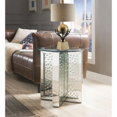 Assambled, Round End Table â€¢ NO Storage â€¢ Glass Top & Mirrored Finish: Beveled with Faux Crystal Inlay â€¢â€¢ CONSTRUCTION â€¢â€¢ Glass Top: 4mm Clear Tempered Glass (Fixed Top/No Apron) â€¢ Mirrored Pedestal: -"X-" Shape Panels with Faux Crystal Inla