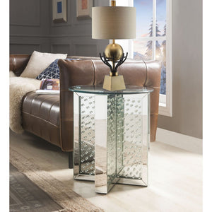Assambled, Round End Table â€¢ NO Storage â€¢ Glass Top & Mirrored Finish: Beveled with Faux Crystal Inlay â€¢â€¢ CONSTRUCTION â€¢â€¢ Glass Top: 4mm Clear Tempered Glass (Fixed Top/No Apron) â€¢ Mirrored Pedestal: -"X-" Shape Panels with Faux Crystal Inla