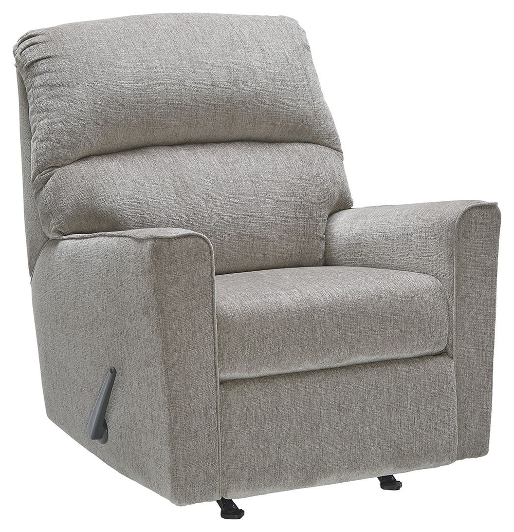 If style is the question, then this rocker recliner is the answer. Clean-lined profile is beautifully contemporary. Plush chenille fabric and plump cushioning make it so easy to comfortably kick up your heels. Richly neutral hue complements a variety of d