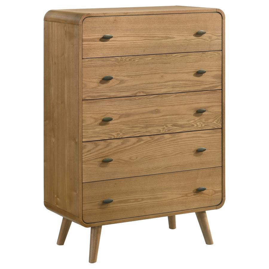Stylishly organize your wardrobe with this mid-century modern chest of drawers, built with pine, engineered wood, and walnut veneer for durability and style. Featuring five spacious drawers, it offers ample storage for clothing and accessories. Rounded ed