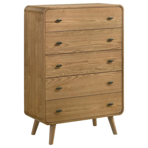 Stylishly organize your wardrobe with this mid-century modern chest of drawers, built with pine, engineered wood, and walnut veneer for durability and style. Featuring five spacious drawers, it offers ample storage for clothing and accessories. Rounded ed