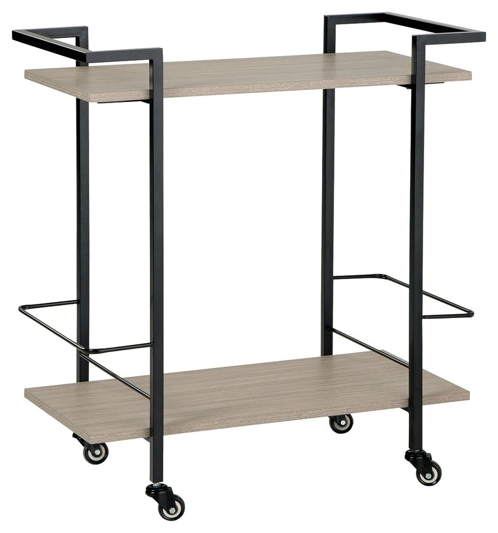 Contemporary meets casual to create the ultimate spot to serve and display. Crafted of durable MEGA-TUFFÂ® melamine with a light natural wood grain effect, this bar cart sets a new standard for substance and streamlined design. Black bottle holders keep s