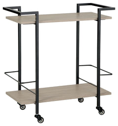 Contemporary meets casual to create the ultimate spot to serve and display. Crafted of durable MEGA-TUFFÂ® melamine with a light natural wood grain effect, this bar cart sets a new standard for substance and streamlined design. Black bottle holders keep s