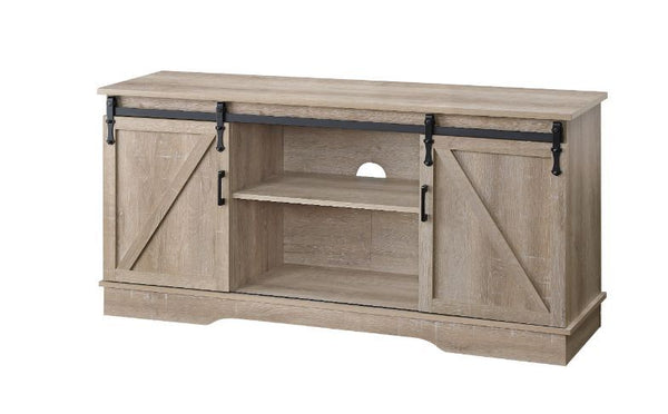 Enjoy a warm and cozy family TV time with this cottage-style TV satnd. The rustic casegood has two sliding barn doors with classic Z overlay and pull handles. Metal sliding hardware is coated with black finish, providing smooth operatin and chic look. Two