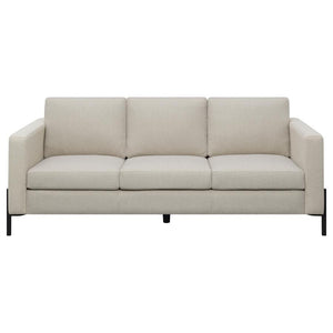  this sofa exudes elegance. The subtle textured herringbone fabric offers a refined touch