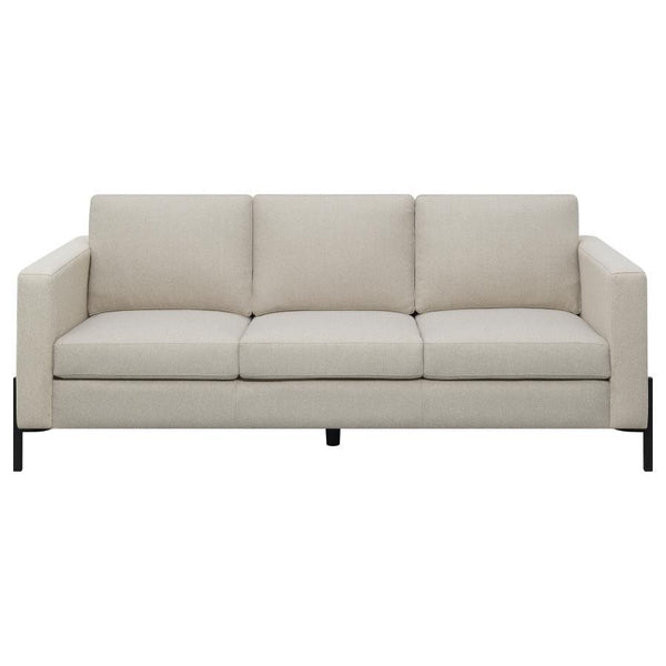  this sofa exudes elegance. The subtle textured herringbone fabric offers a refined touch