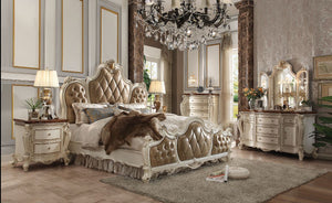 The Picardy bedroom collection brings the influence of European antiques to life with traditional carvings, detailed looping, and a gorgeous antique pearl finish. The hand applied finish enhances the beauty of the detailed wood work and carvings. The bed 
