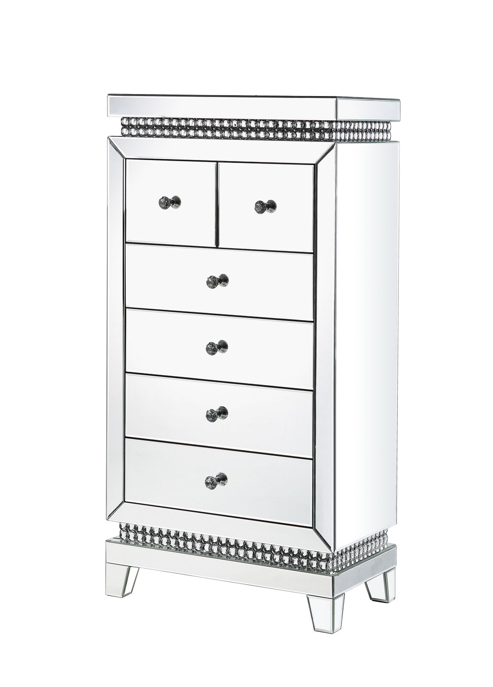 Add some Hollywood glamour to highlight your collection. The Lotus Cabinet is accented by mirrored surfaces, adding depth and shine to room areas. Faux crystals inlay makes it stand out in a luxe-glam style. It offers six felt-lined drawers with safety st