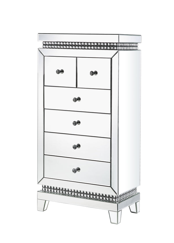 Add some Hollywood glamour to highlight your collection. The Lotus Cabinet is accented by mirrored surfaces, adding depth and shine to room areas. Faux crystals inlay makes it stand out in a luxe-glam style. It offers six felt-lined drawers with safety st